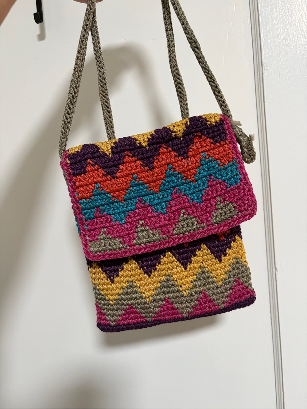 The Sak Crochet Zigzag Crossbody - Magenta, Teal, Mustard & Olive